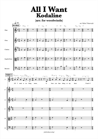 all i want kodaline woodwinds music sheet partition notes flute oboe clarinet basson nuty kwintet dęty