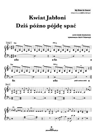 Kwiat jabłoni dzis pojde pozno spac dzis późno pójdę spać nuty piano chords akordy Sienkiewicz współczesne utwory na fortepian pianino dla dzieci